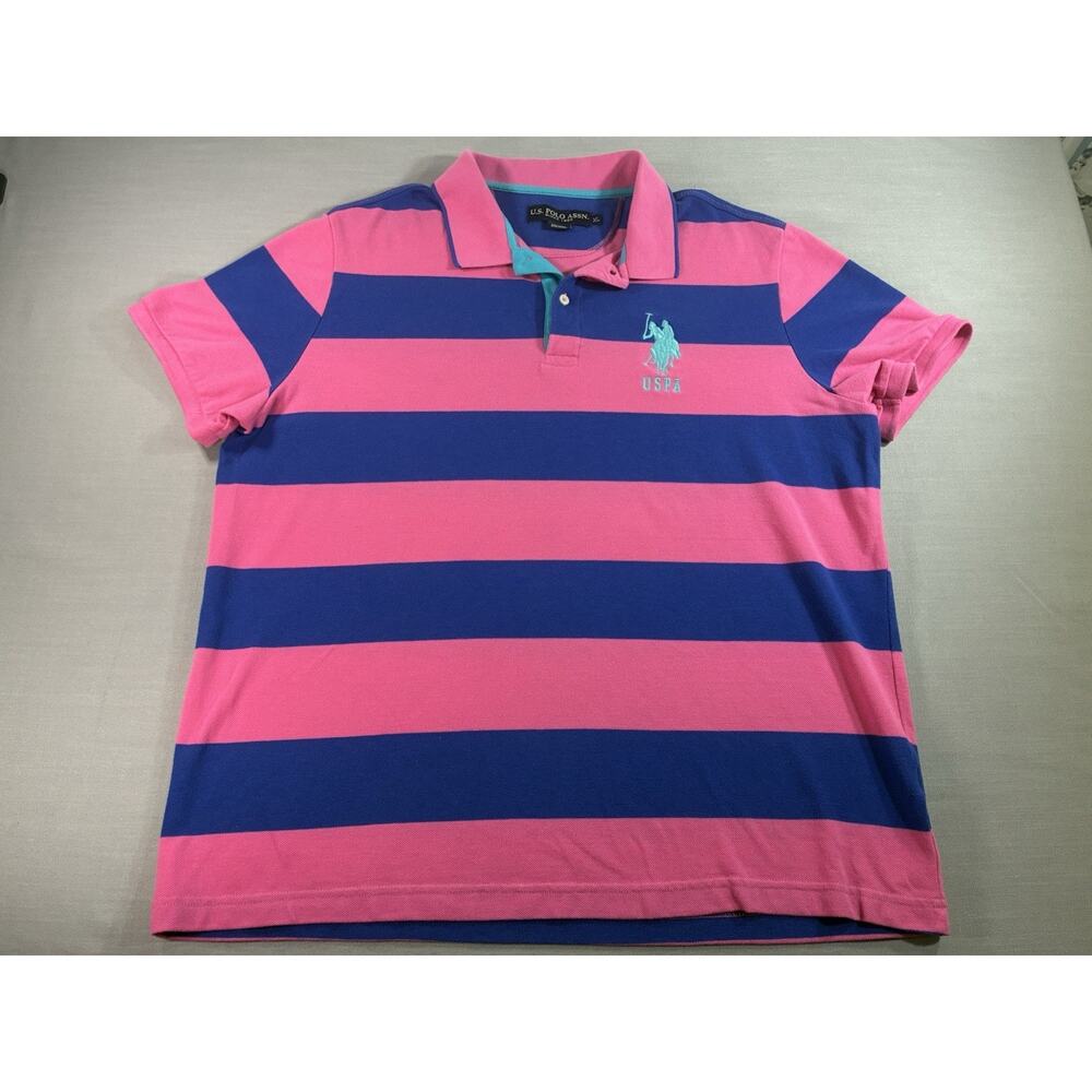 U.S. Polo Assn Oversized Logo Polo Shirt Mens XL Pink Blue Rugby Y2K Preppy